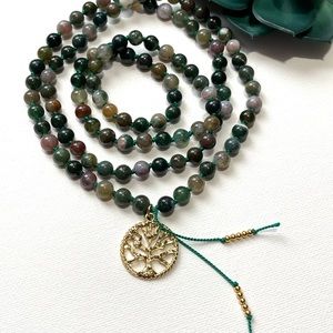 NWT Tree Of Life Hand-Knotted Mala Beads Necklace 108 With Indian Agate 6mm